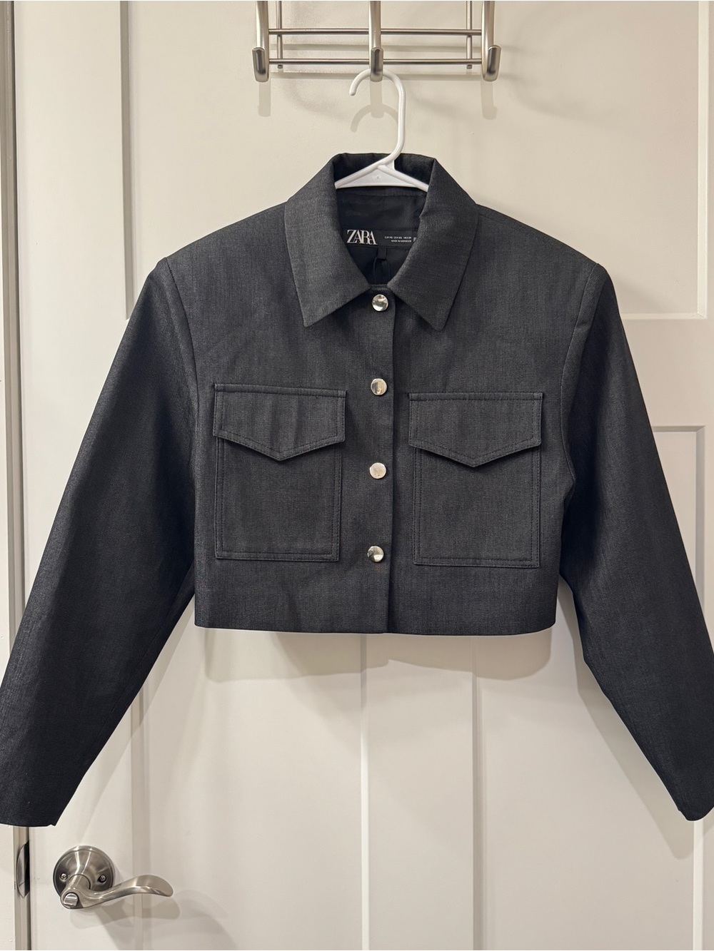 Size Xs ZARA Women's Cropped Gray Utility Jacket Button Front Short Blazer